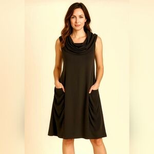 NWT Chalet Black Drape Cowl Neck Modal Dress Tunic Deep Slouch Pockets Boho Med